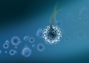 Art of a DNA strand leading into a virus-like sphere